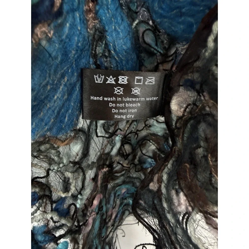 Artisan Silk Scarf Blue Hand Felted India Womens OS Artsy Boho Hippie Rectangle